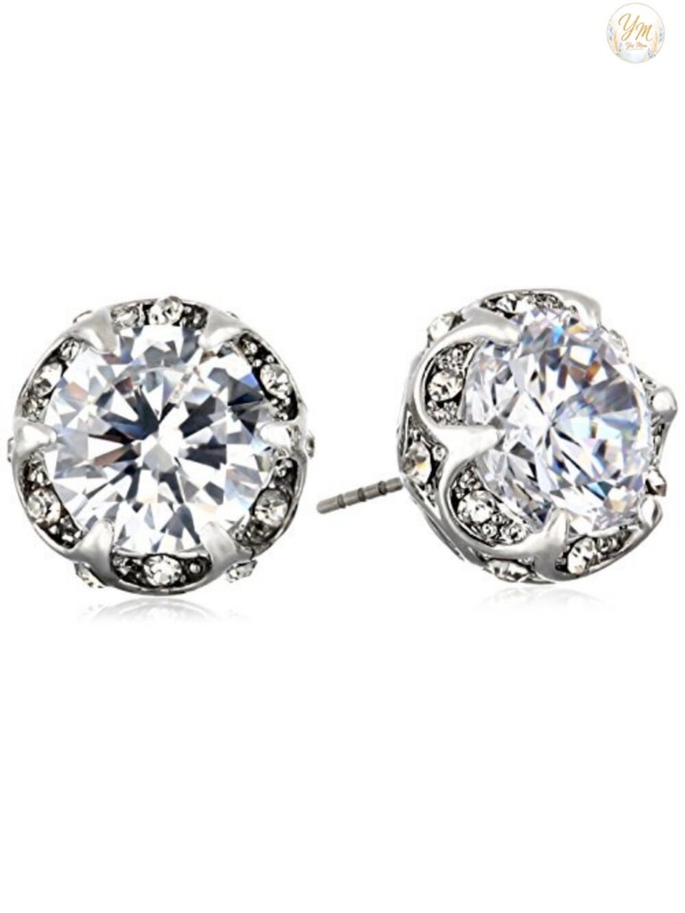 Crystal Cubic Zirconia Ruffled Round Stud Earrings Silver-Tone